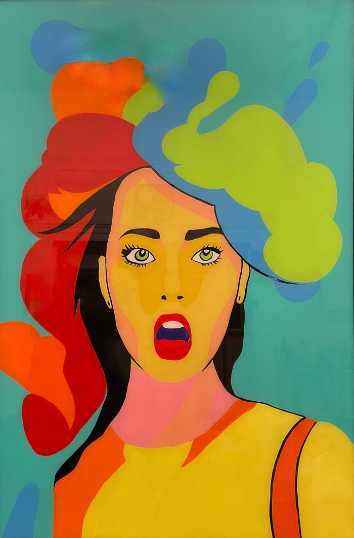 vibrant portrait of woman young woman with a shocked expression of surprise on her face