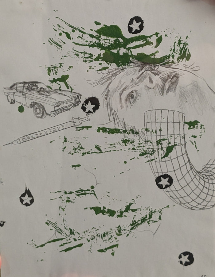 pencil and ink drawing with graphic shapes, a sports car and a portrait