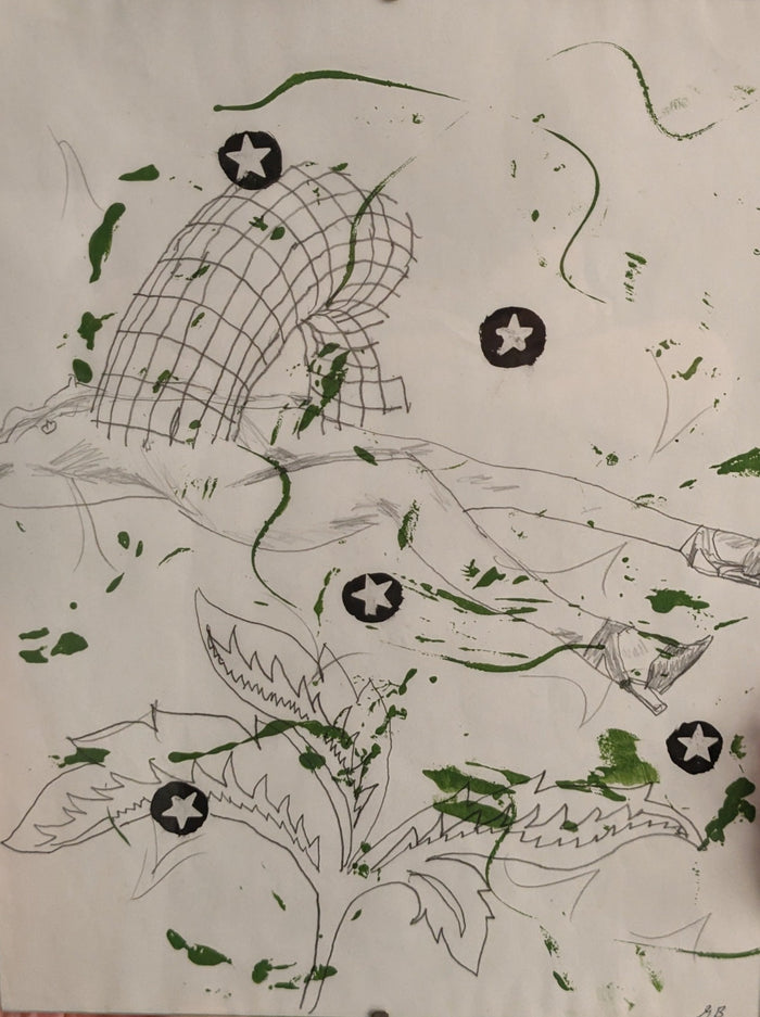 pencil and ink drawing with plant leaves and graphic shapes