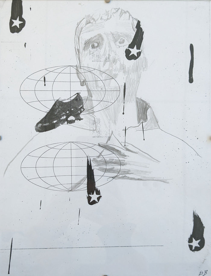 portrait of a man with graphic shapes and a drawing of a shoe on top