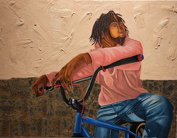 portrait of a person of color in modern clothing sitting relaxed on a blue bike, wearing a traditional African mask; the background is made to look like a non-distinct urban building