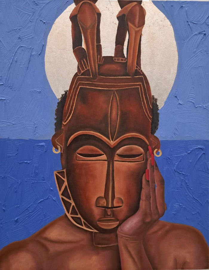 bust portrait of a person of color with bare shoulders wearing a traditional African mask in front of a two toned blue background and a shining moon