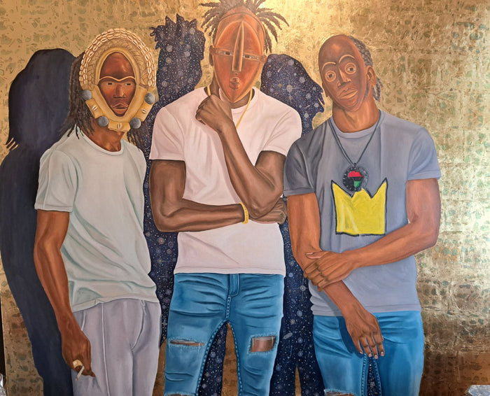 three men of color standing with relaxed swagger, as if posing for a picture, and modern clothing in front of a gold background while wearing traditional African masks
