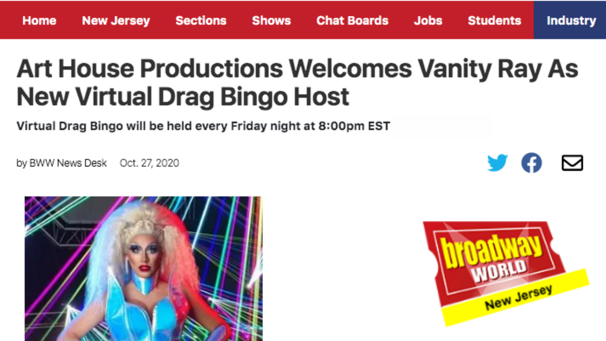 Art House Productions Welcomes Vanity Ray As New Virtual Drag Bingo Host