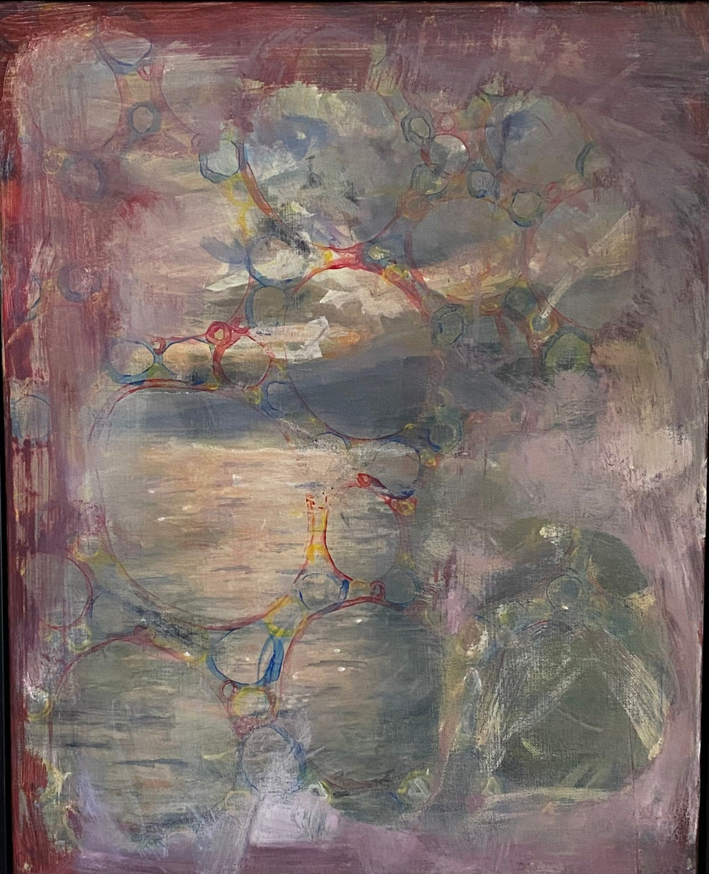 painting of a sunrise with a layer of muted paints on top, to give the appearance of bubbles and a scratched surface