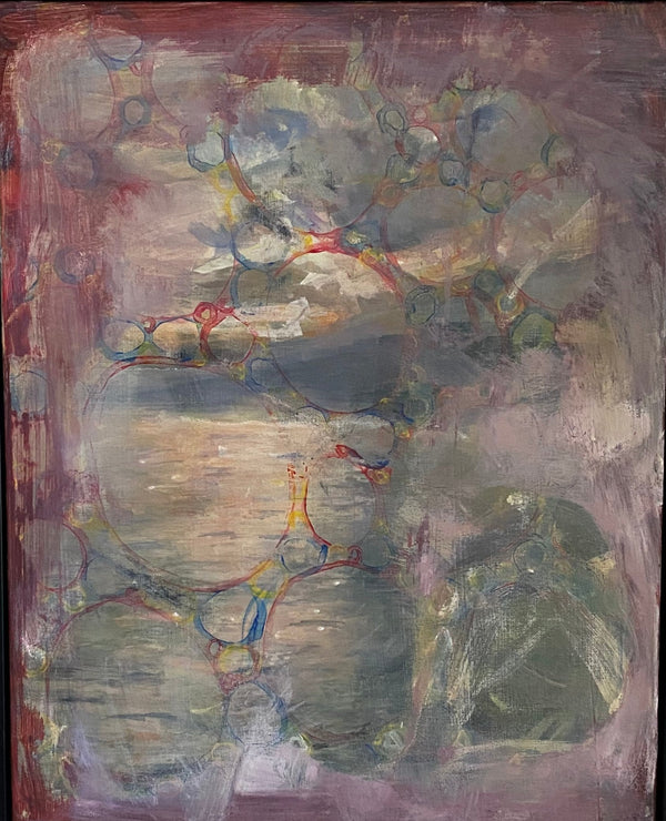 painting of a sunrise with a layer of muted paints on top, to give the appearance of bubbles and a scratched surface