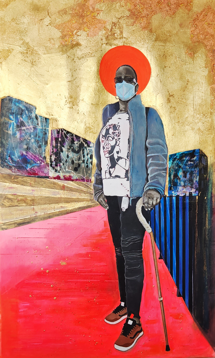 portrait of a black woman with a white t-shirt, jeaned jacket, black pants, and red sneakers standing with a cane; she has a blue medical mask on and sunglasses and a bright orange hat; she stand on a vibrant red road, and the sky is metal leaf; there appears to be paintings behind her