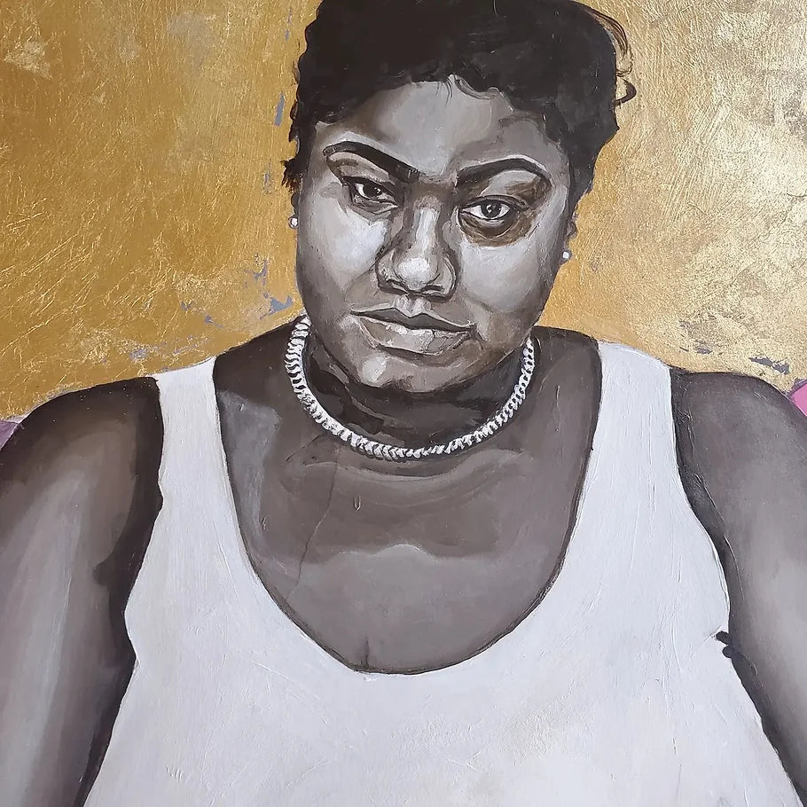 portrait of a black woman with short hair and a tank top; small earrings and a chain necklace; her face and upper torso dominate the space with little background exposed; she looks head on at the viewer with a confronting gaze