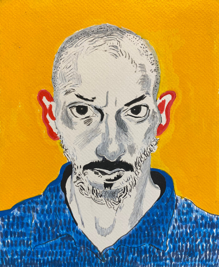 self portrait of the artist in a blue shirt with a goldenrod background; the artist's ears are outlined in red 