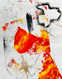 abstract painting featuring hues of orange, yellow and black