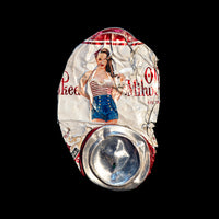 Photographic print of a crushed beer can with a pinup girl on the logo