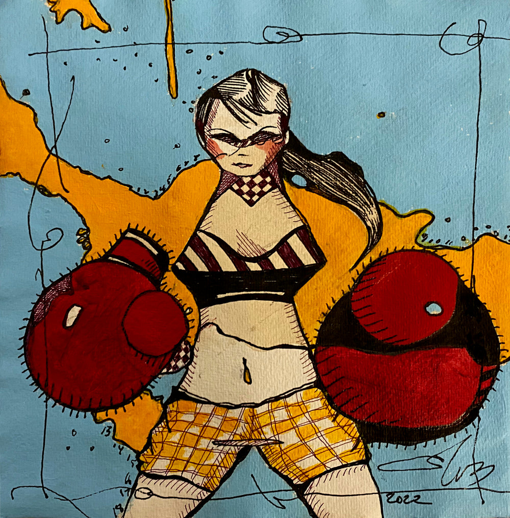 mixed media painting of a woman in boxing gloves in fighting stance
