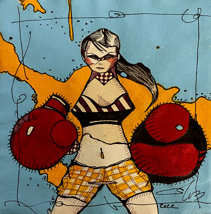 mixed media painting of a woman in boxing gloves in fighting stance