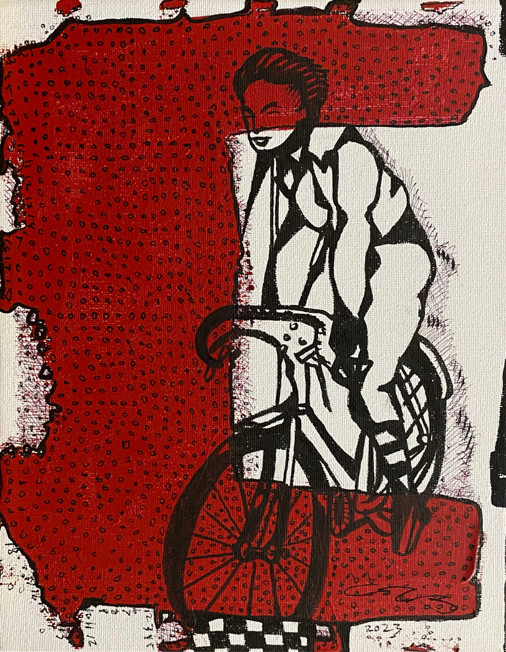mixed media painting of a woman riding a bike