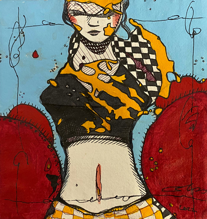 mixed media painting of a woman in boxing gloves looking straight ahead at the viewer