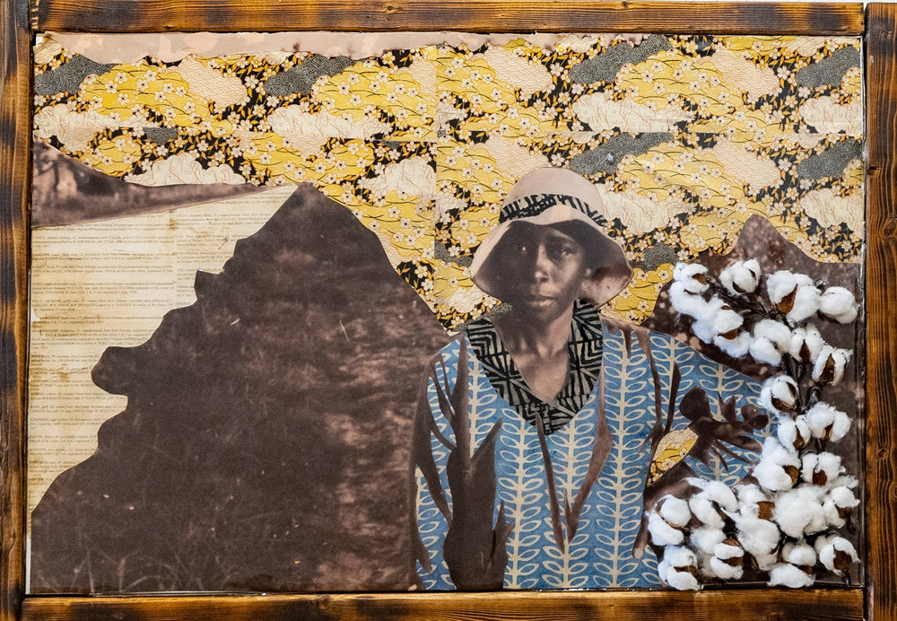 mixed media photographic collage of a woman named Charlotte Noble; the background is assembled using patterned papers to mimic a landscape; the foreground has 3 dimensional elements of actual cotton on the substrate materials 