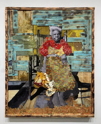 mixed media photographic collage of a seamstress; her clothing are collaged using actual fabric; the background is assembled to look like floor boards behind her