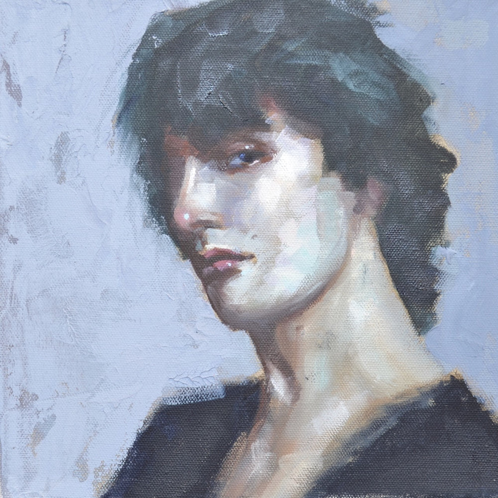 Artistic depiction of a person with dark hair and a black top against a textured gray background