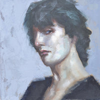 Artistic depiction of a person with dark hair and a black top against a textured gray background