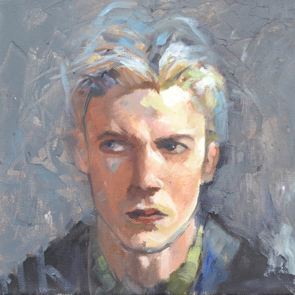 Artistic depiction of a person with a textured gray background