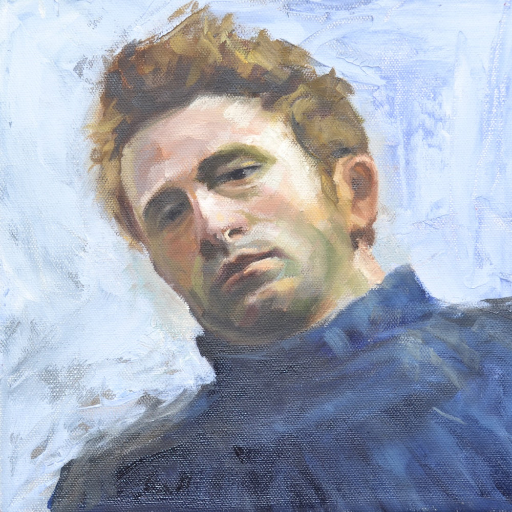Painting of a person wearing a blue garment against a textured light blue background