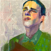 Artistic depiction of a person wearing a green sweater with abstract background