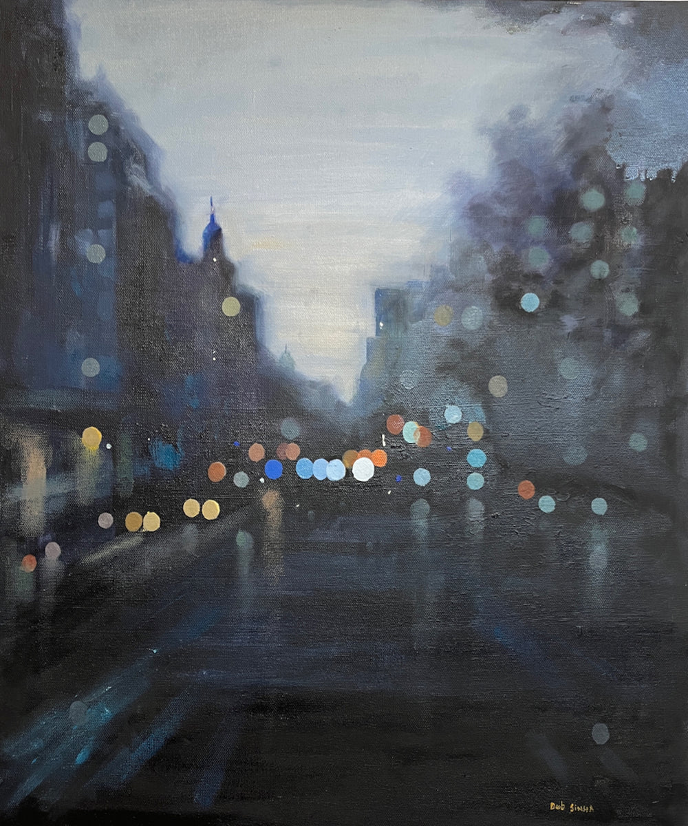 Painting of a city street at night with blurred lights and buildings.