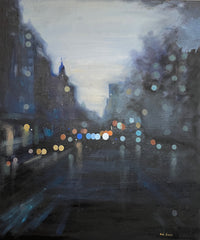 Painting of a city street at night with blurred lights and buildings.