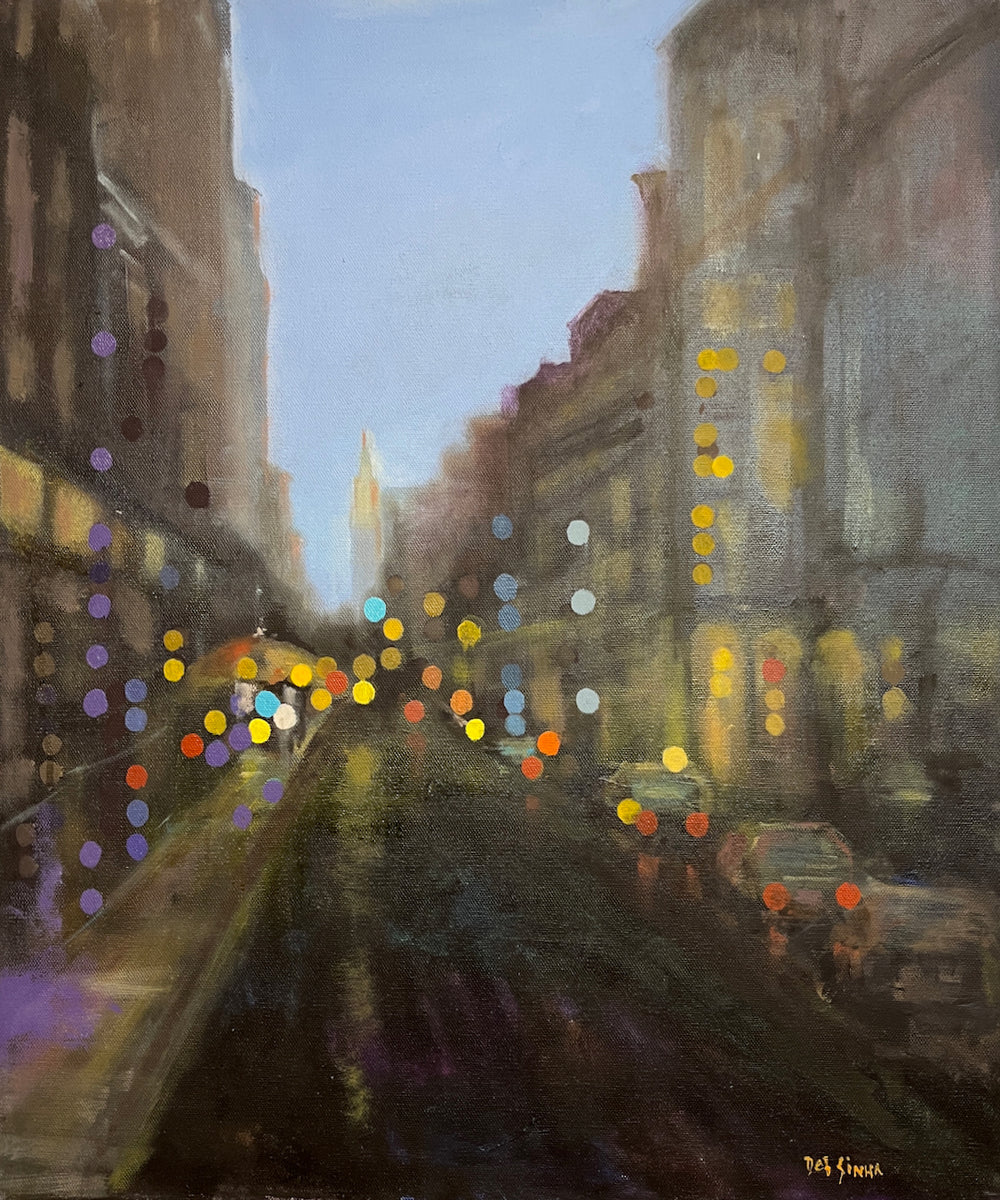 Painting of a city street at night with colorful lights and buildings.