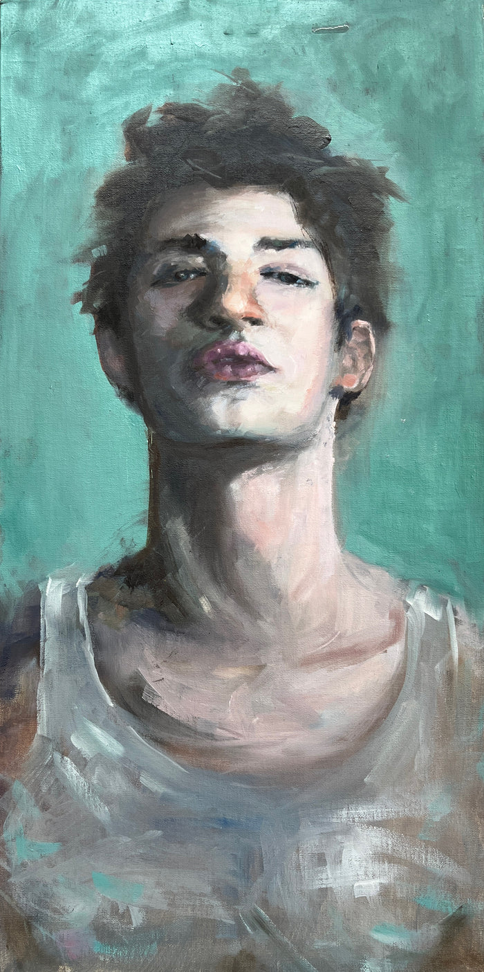 portrait of a young man looking head on at the view with a white tank top on and a turquoise background; the painting is blurred and dreamlike