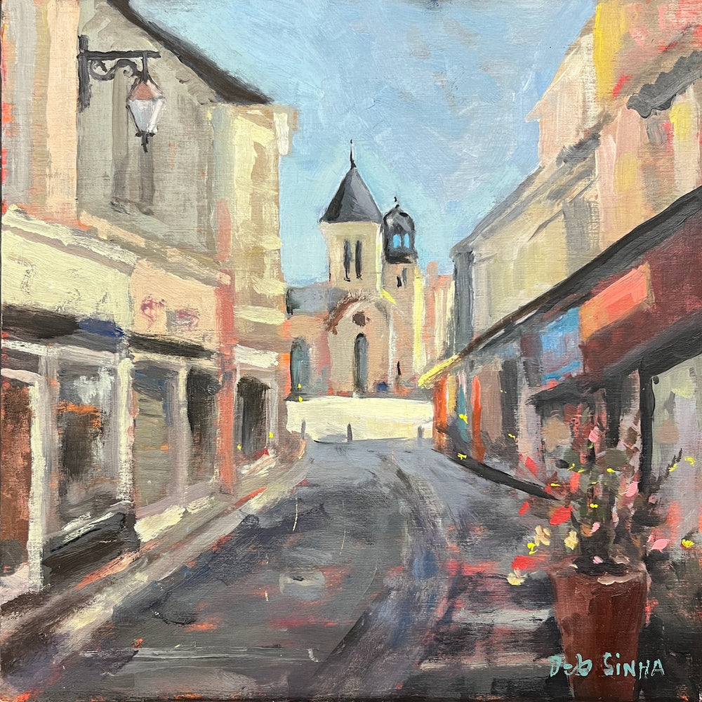 Painting of a street scene with buildings and a church spire.