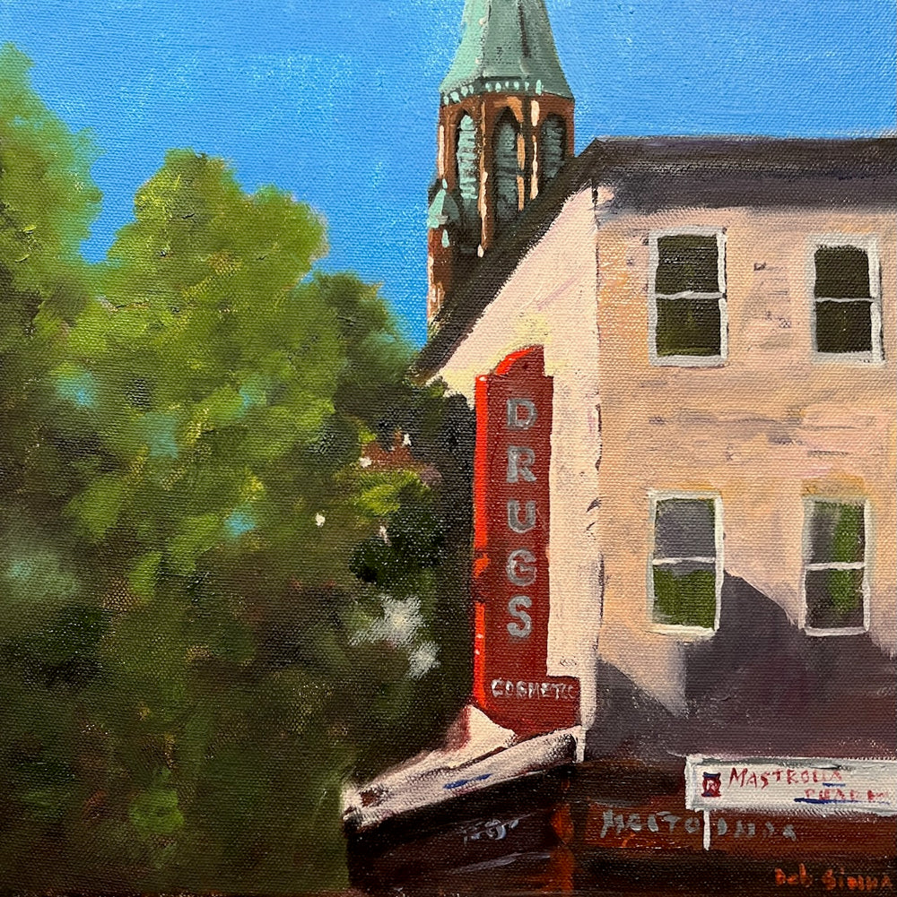 Painting of a building with a red 'DRUGS' sign and a clock tower against a blue sky.