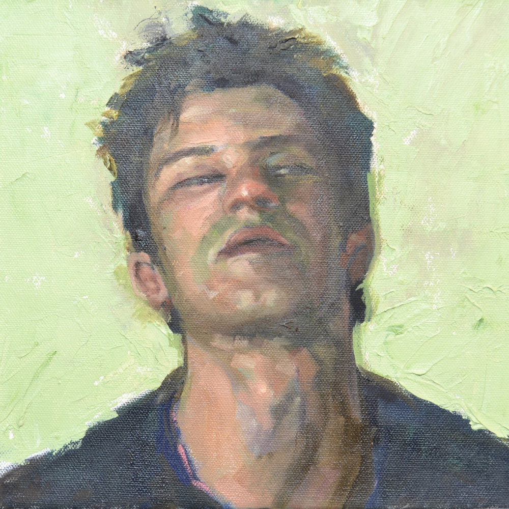 Artistic depiction of a person with a textured green background