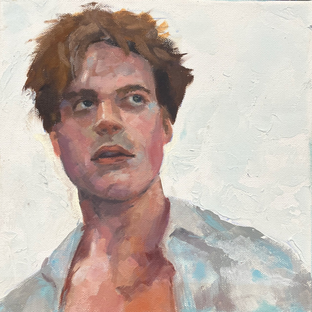 Painting of a person with a neutral expression on a textured light background