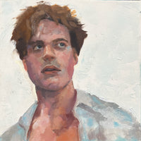 Painting of a person with a neutral expression on a textured light background
