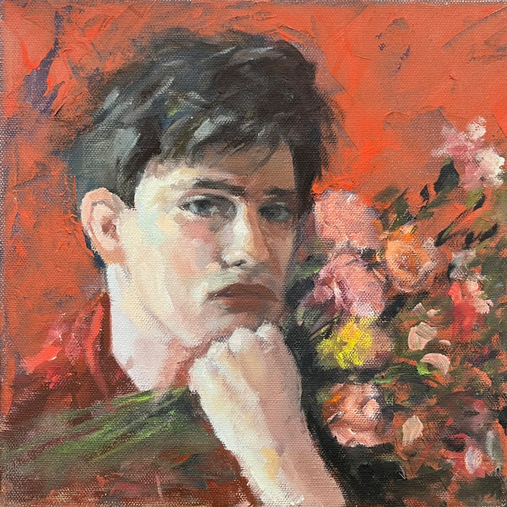 Painting of a person with flowers in the foreground against an abstract red background