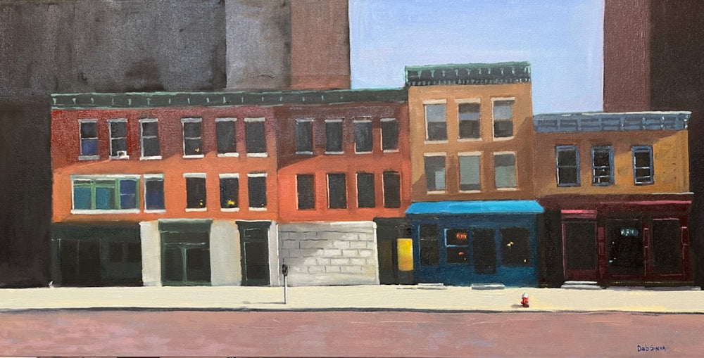 Painting of a city street with buildings and a train
