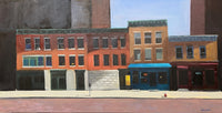 Painting of a city street with buildings and a train