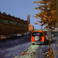 Painting of an orange vehicle on a road with a building and trees in the background