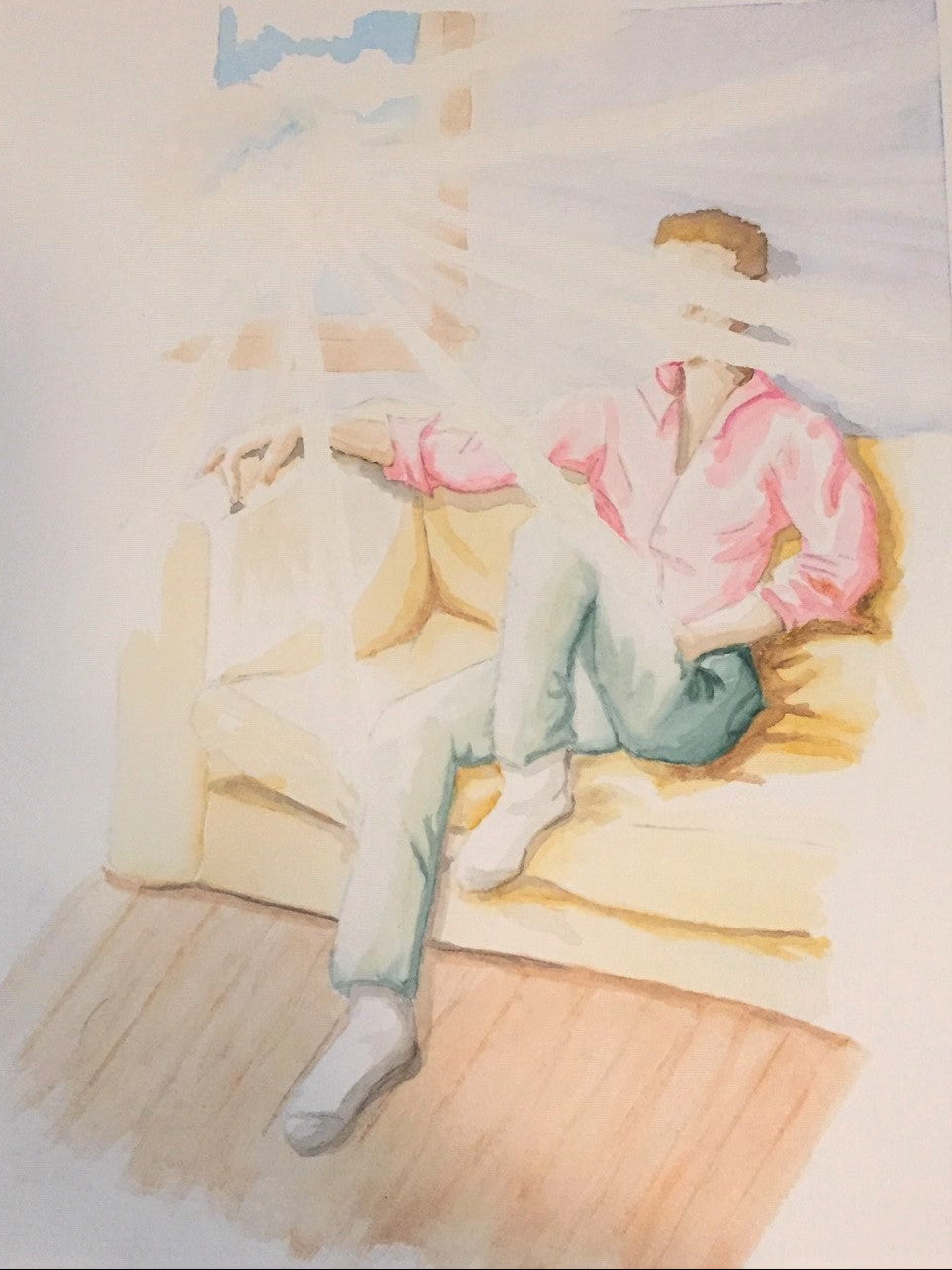 Watercolor painting of a person sitting on a couch with a light background