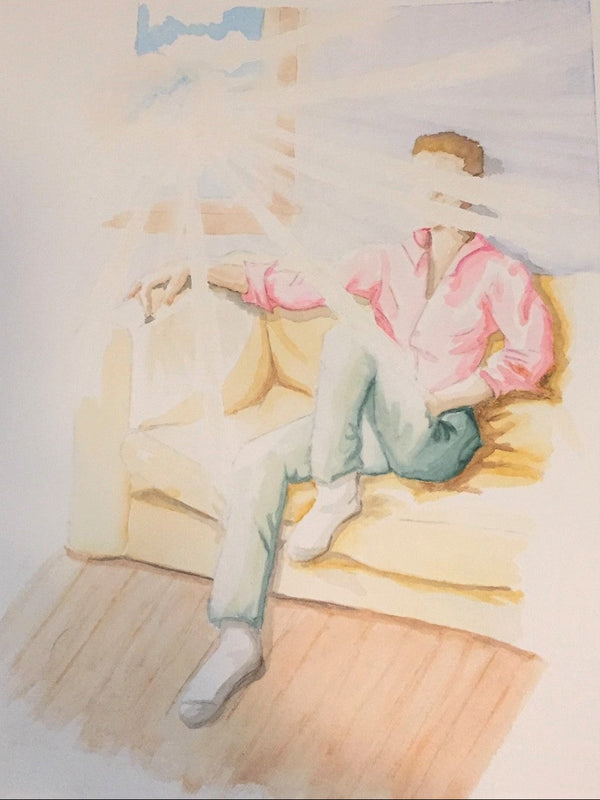Watercolor painting of a person sitting on a couch with a light background