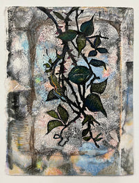 block print image of vines with a layered blue and gray background with hues of orange and yellow