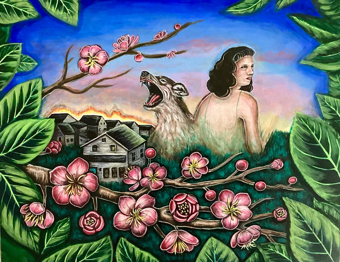 portrait of a woman with a forlorn expression; emerging from her back is a wolf snarling; the foreground is filled with lush foliage and flowers; in the background is a suburban neighborhood