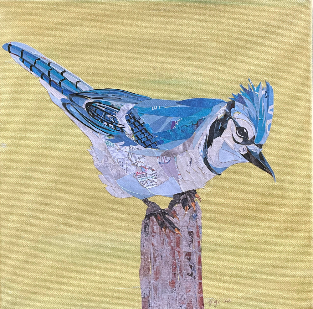 collage of a blue bird perched on a wooden pole with a yellow background
