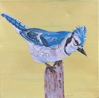 collage of a blue bird perched on a wooden pole with a yellow background