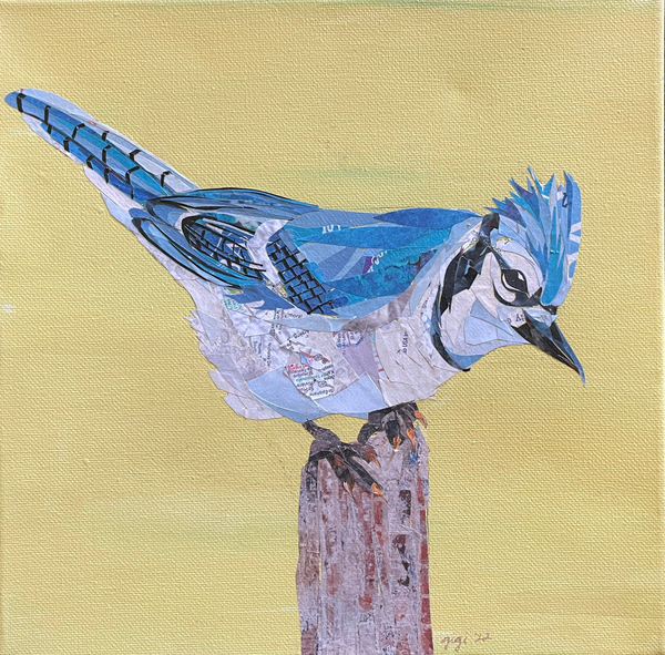 collage of a blue bird perched on a wooden pole with a yellow background