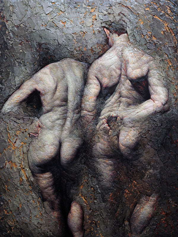 oil painting of two nude figures standing, with their back turned from the audience; their heads fade into the background