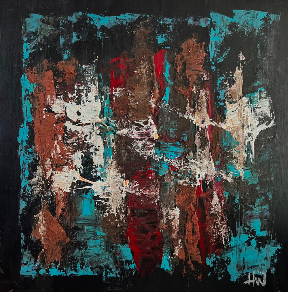 abstract painting with a black background and hues of blue, orange, red, and white