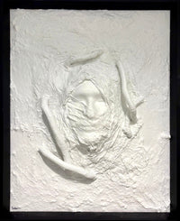 Abstract white sculpture in a black frame on a gray wall