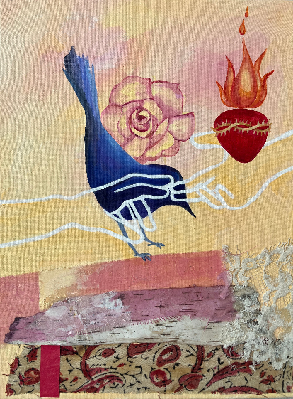 surreal style painting of a bird perched on an abstracted ground; in front of the bird is an outline of two hands reaching out for one another; behind the bird is a rose